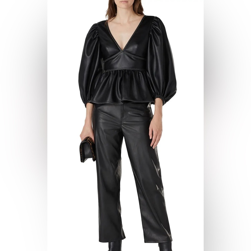 STAUD

Luna V-Neck Peplum Faux-Leather Top